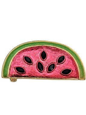 Pink Green Enamel Black Rhinestone Watermelon Fruit Brooch, Signed MOD K704